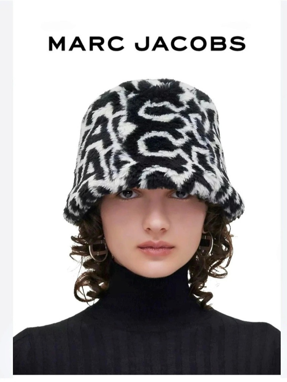 Marc Jacobs The Monogram Faux Fur Bucket Hat Black & White M/L